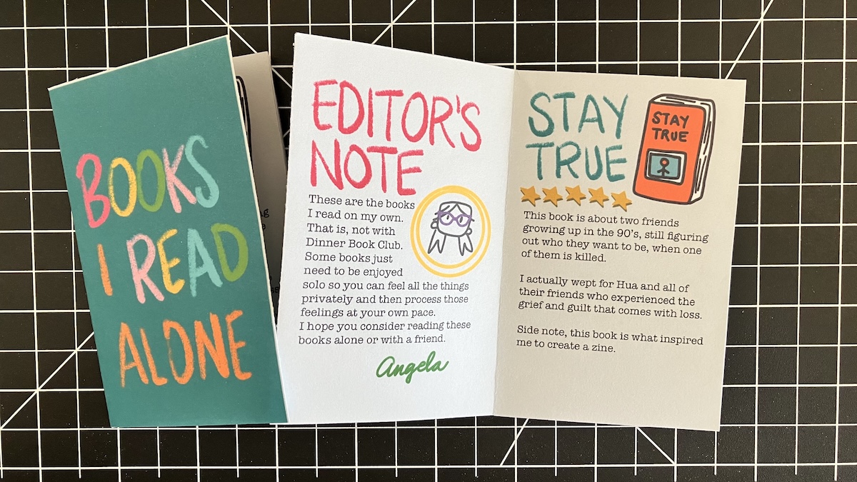 cover and first two pages of the books i read alone zine