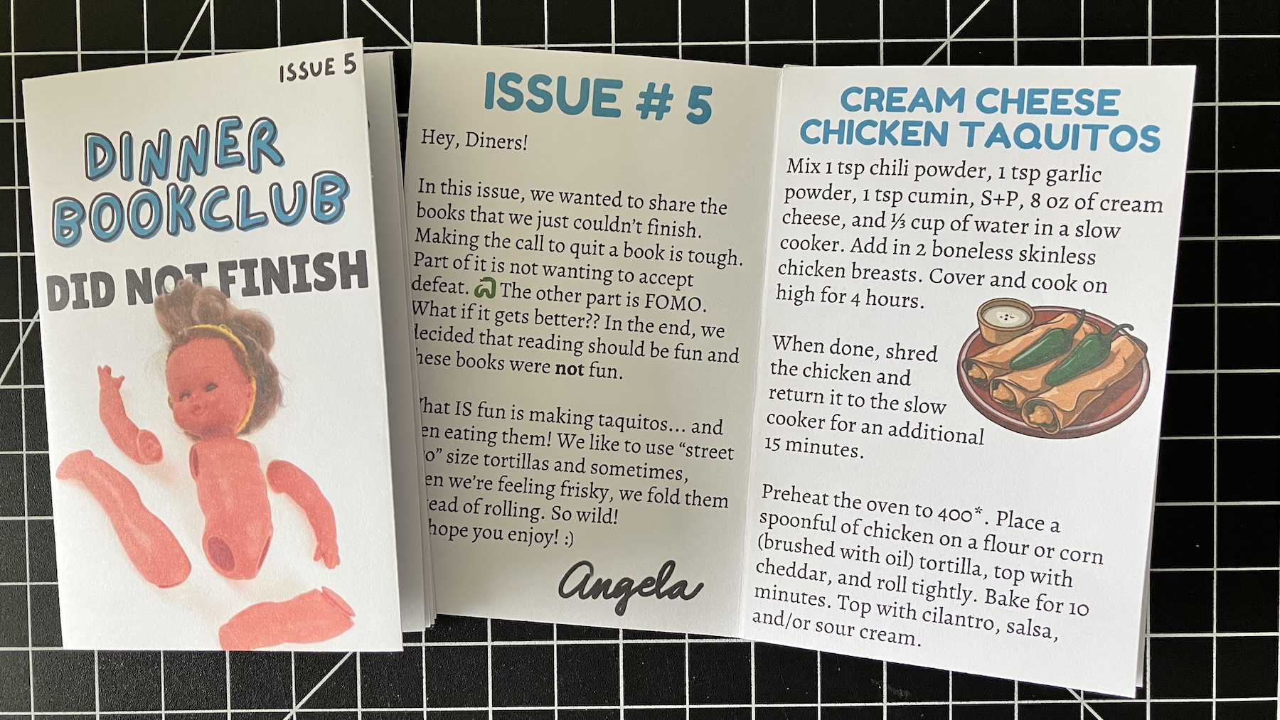 cover and first two pages of the dinner book club zine